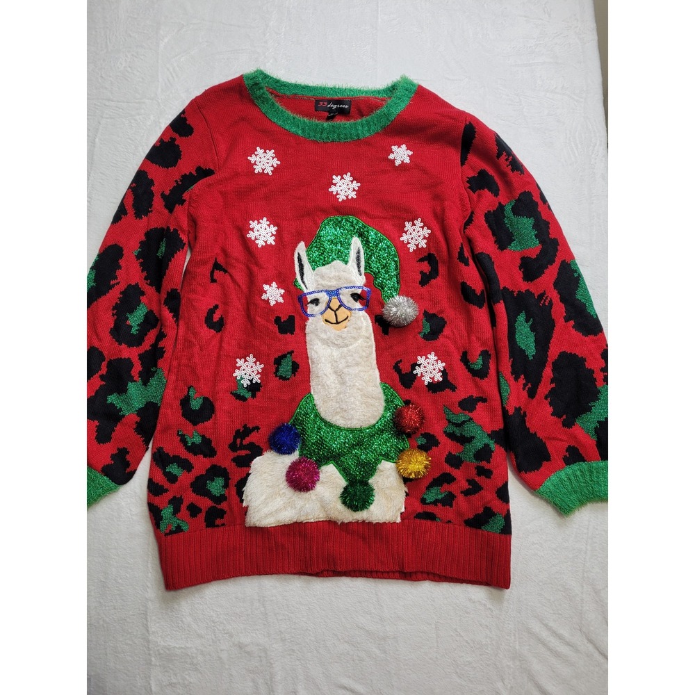 33 Degrees Llama Ugly Christmas Sweater Womens XXL Red Leopard Print